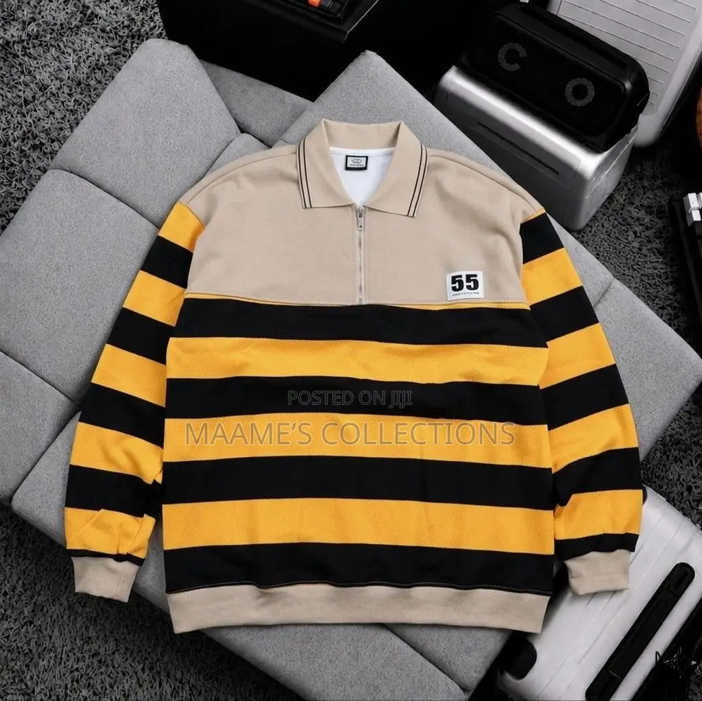 Men's Casual Striped Polo Shirt With Loose Fit and Stand-Up Collar.