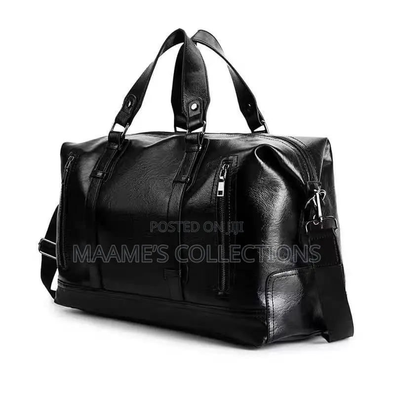 Large-Capacity Black Leather Duffel Bag