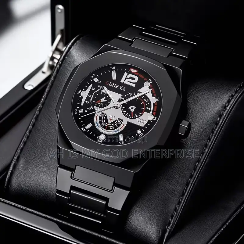Geneva Men's Luxury Modern Polygonal Dial Analog Wristwatch-Black