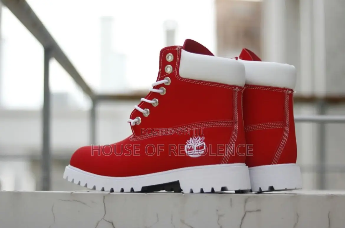 Red and White Timberland 6-Inch Waterproof Boots.