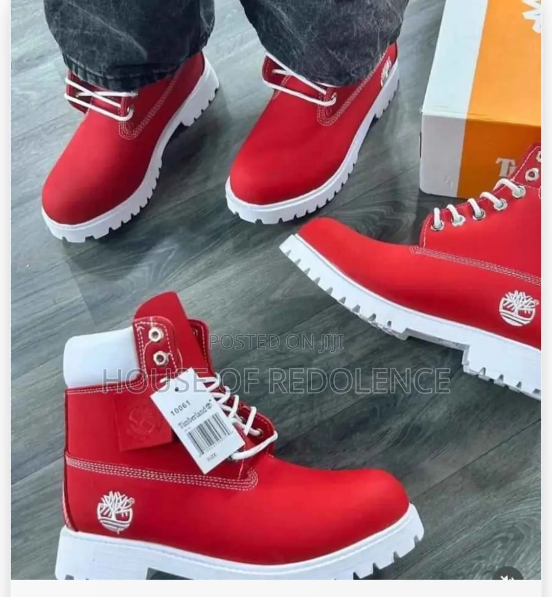 Red and White Timberland 6-Inch Waterproof Boots.
