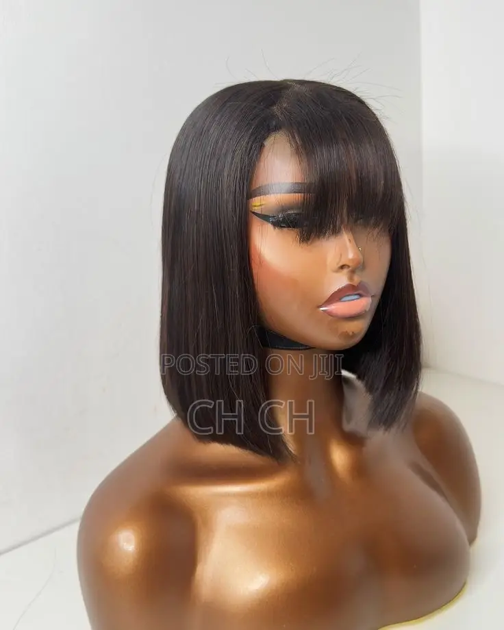 New Black 100% Human Hair 12 Inches Closure Bob Fringe Wig