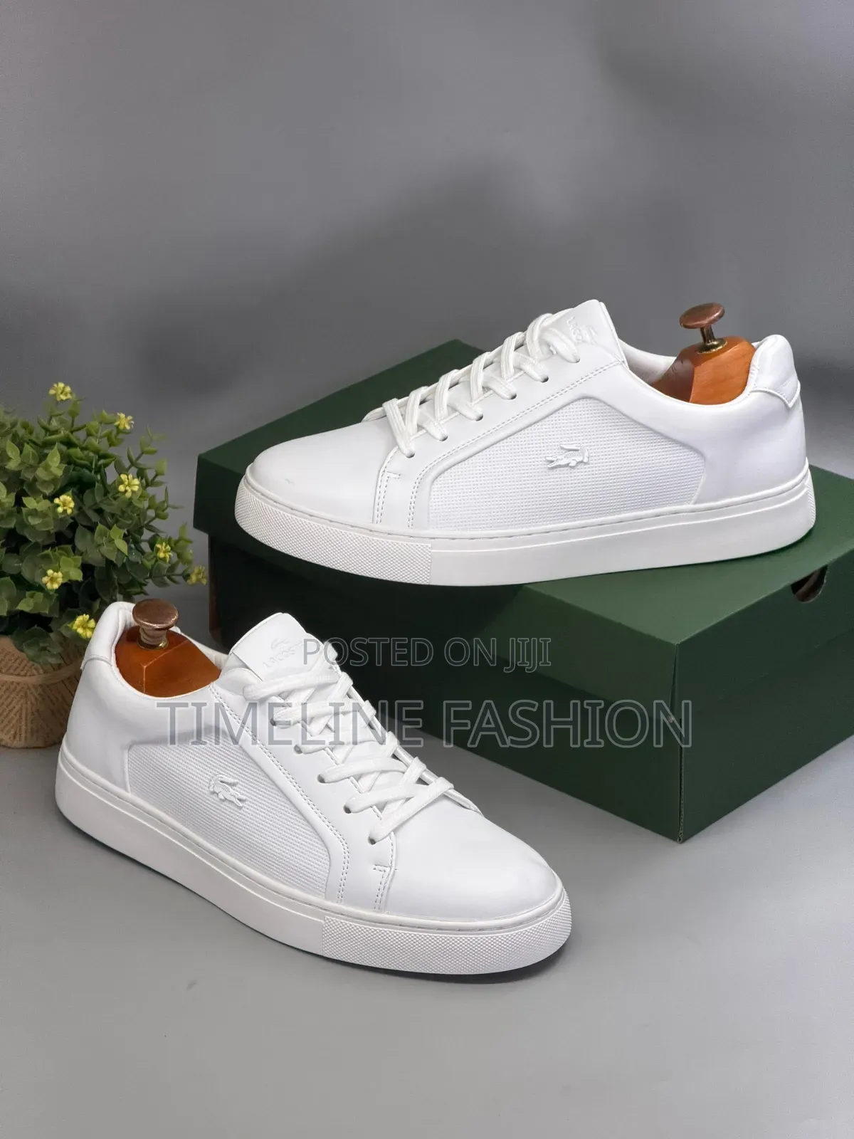All White Lacoste Full Grain Leather Men's Lace Up Sneakers