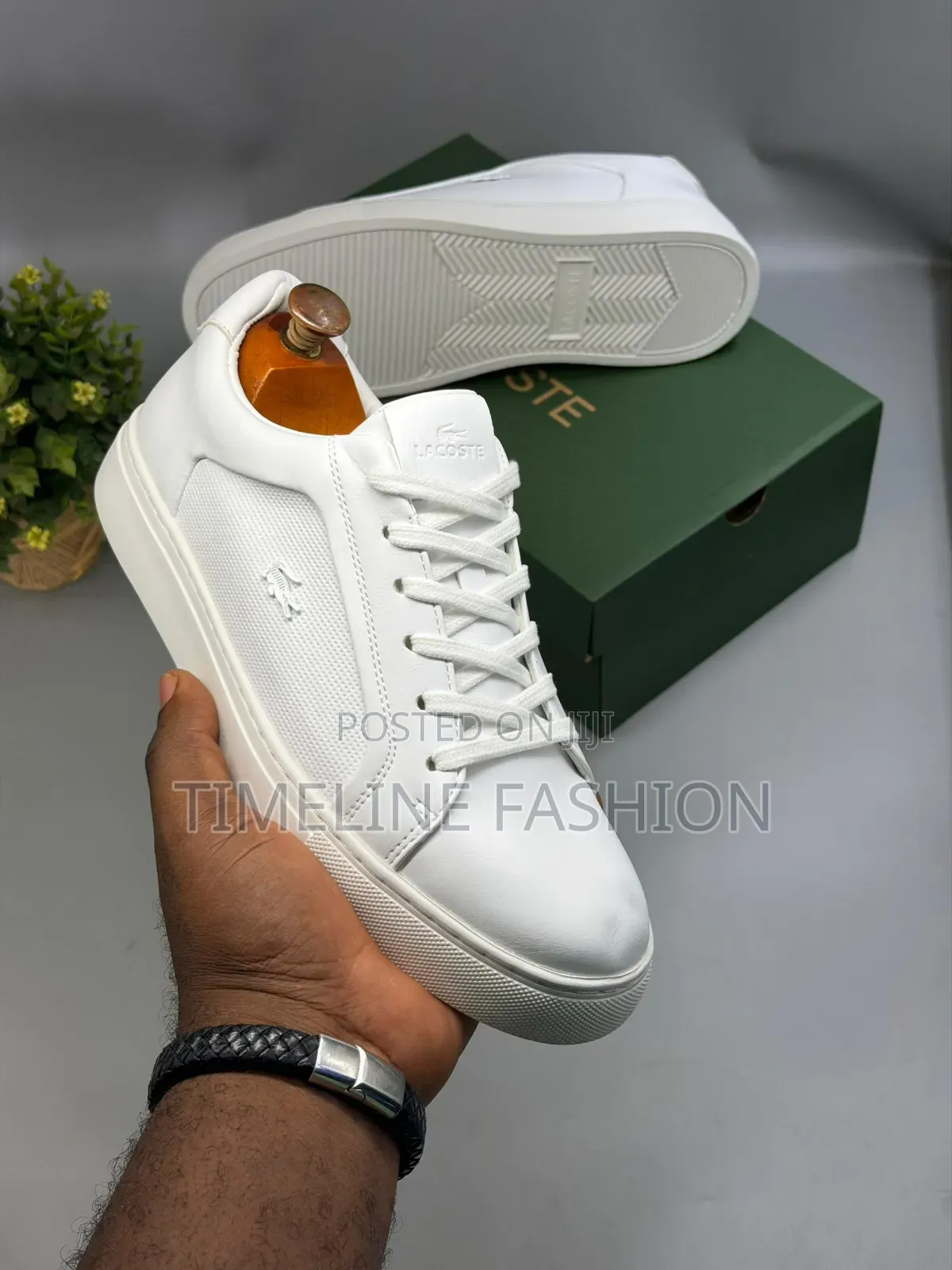 All White Lacoste Full Grain Leather Men's Lace Up Sneakers