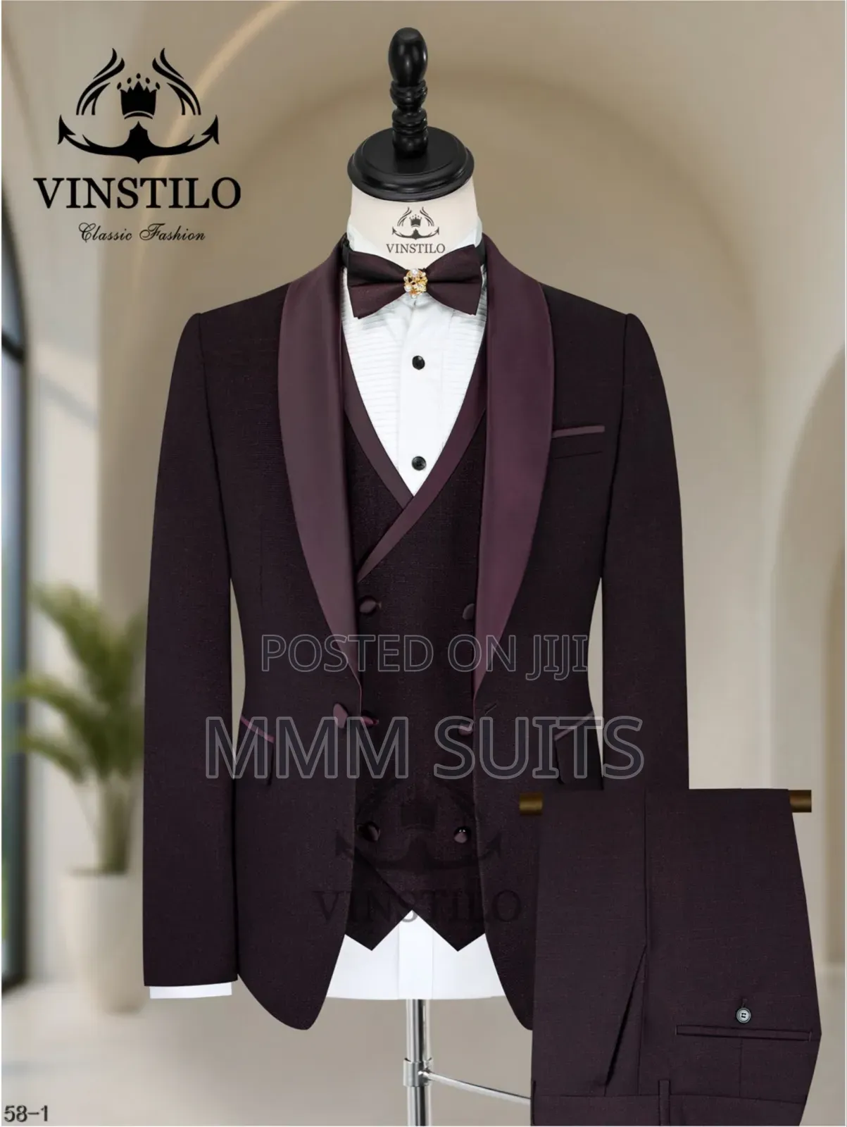 Classic Turkish Round Lapel 3-Piece Tuxedo Men's Suit in Burgundy