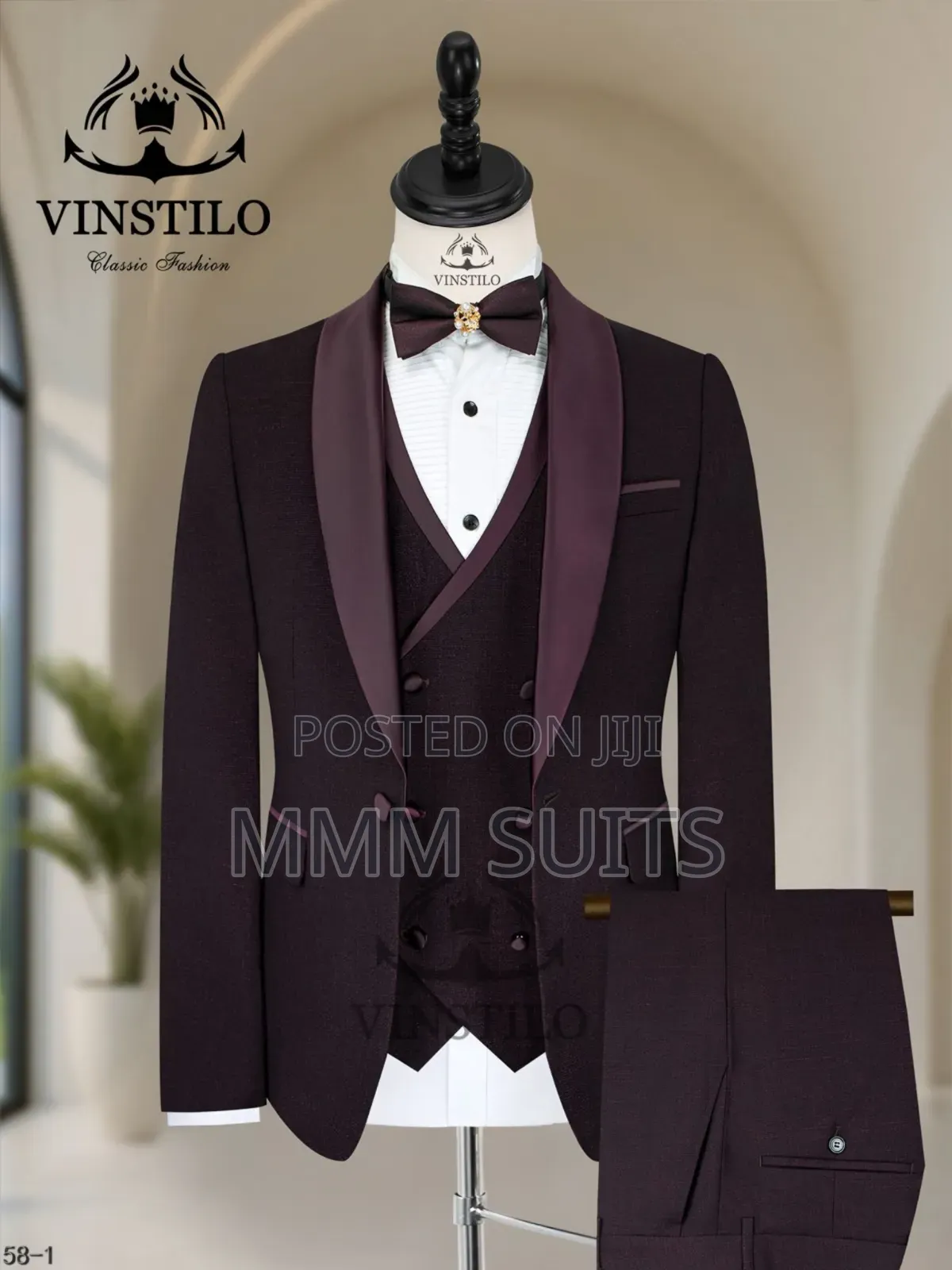Classic Turkish Round Lapel 3-Piece Tuxedo Men's Suit in Burgundy