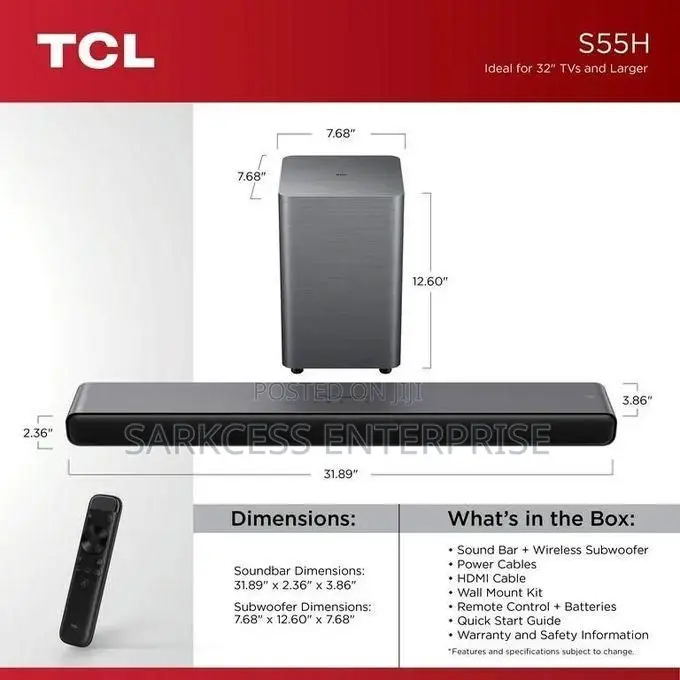 TCL S55h 2.1 Channel S-Class Soundbar Wireless Ai Feature Dolby Atmos