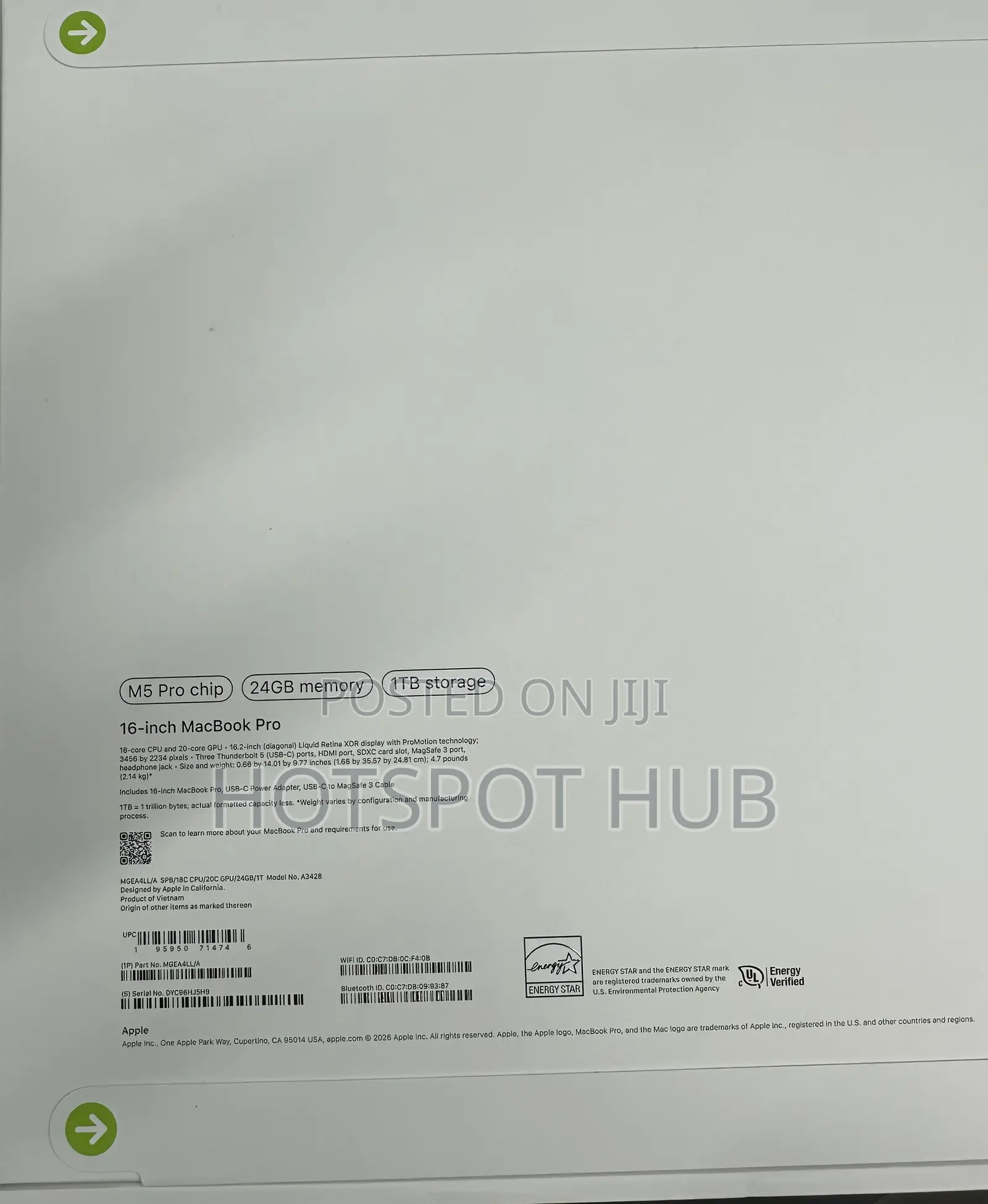 New Laptop Apple MacBook Pro 2026 M5 Pro 24GB Apple M5 Pro SSD 1T
