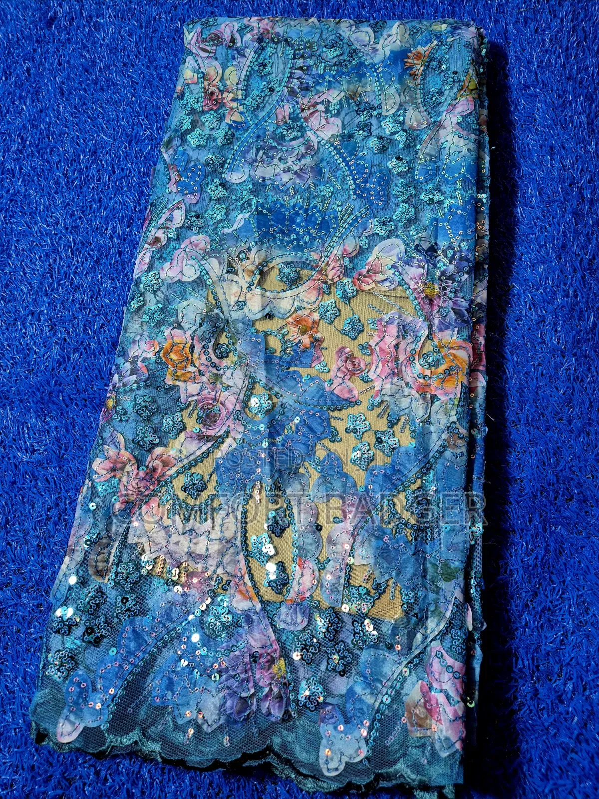 Light Blue Lace With Sequin and Shimmering Effect of Pink and Purple
