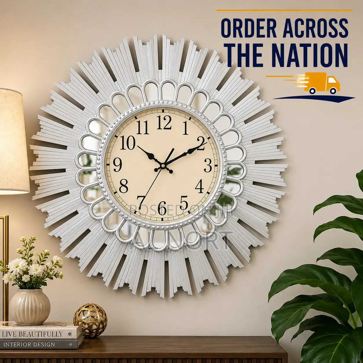 Luxury Sunburst Decorative Wall Clock With Mirror Frame-28 Inch