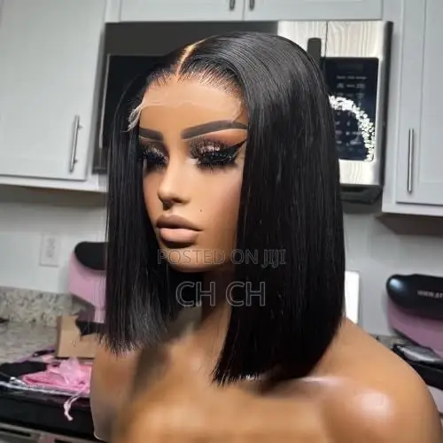 New 100% Human Hair Black 12 Inches Short Bob Wig a 4by4 Closure