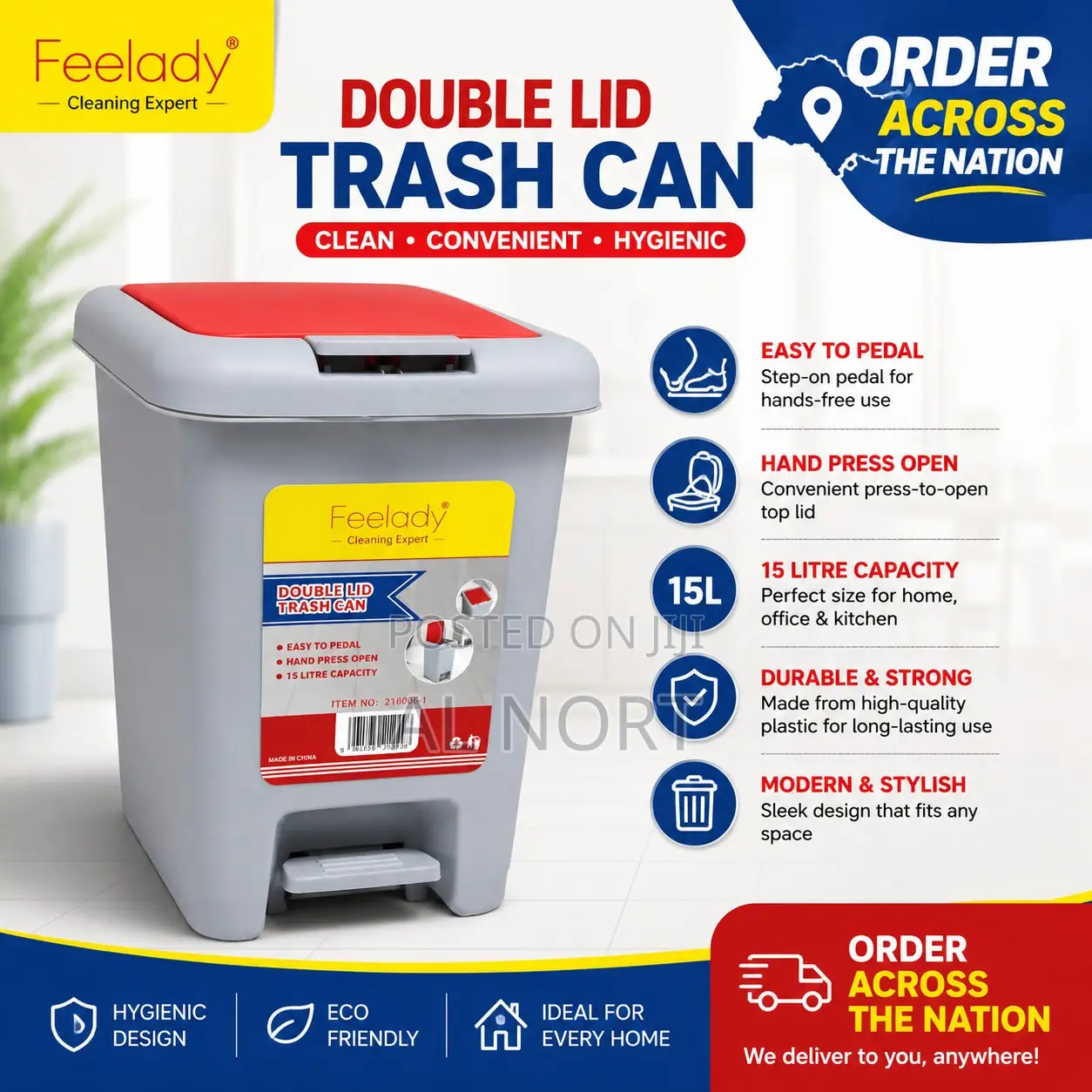 Feelady Double Lid Pedal Trash Can – 15l
