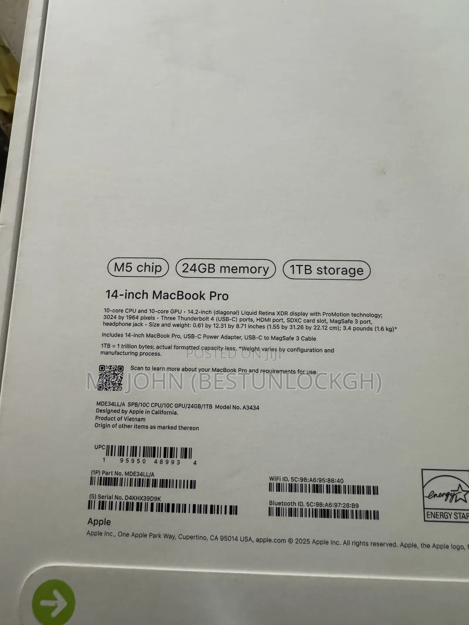 New Laptop Apple MacBook Pro 2025 M5 24GB Apple M5 SSD 1T