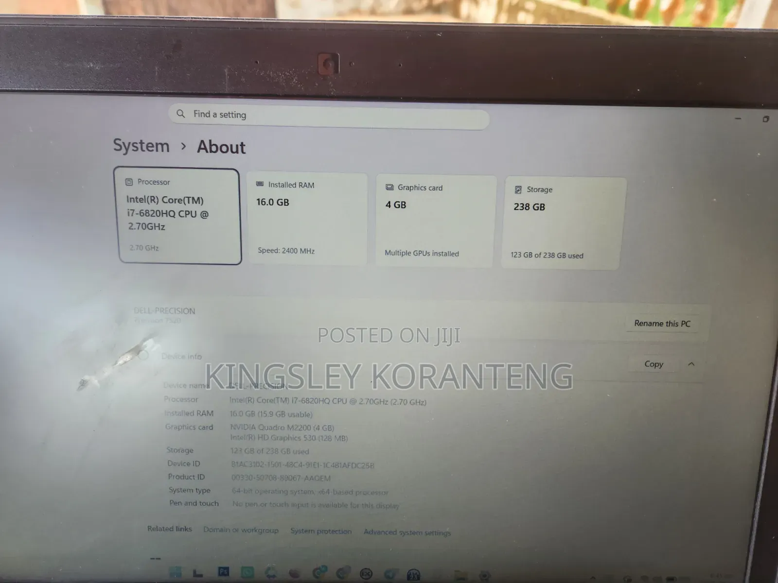 Laptop Dell Precision 7520 16GB Intel Core i7 HDD 256GB