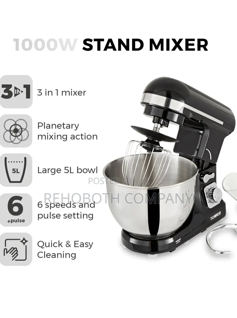 Tower T12033 3-in-1 5l Stand Mixer With 6 Speeds 1000w, Black