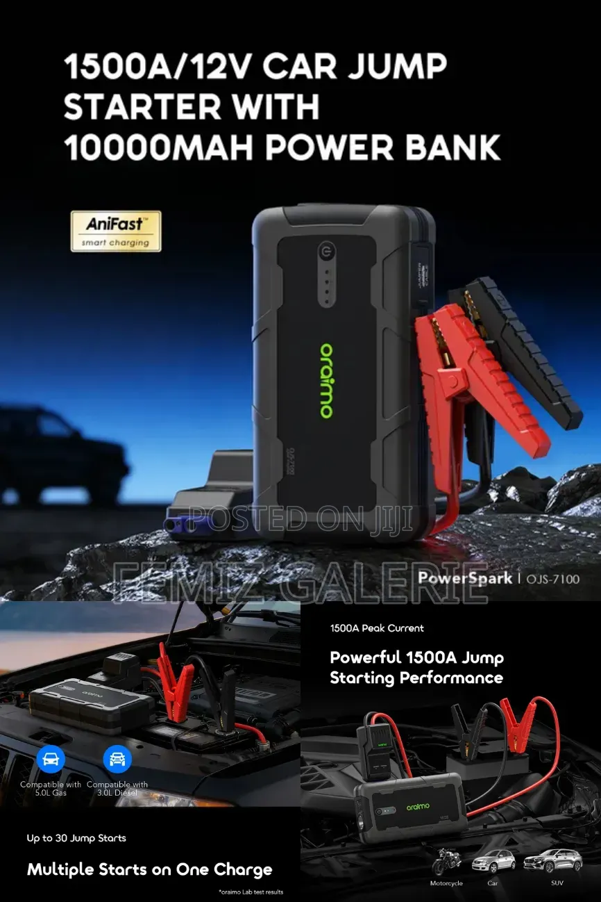 Oraimo Powerspark 1500a 12v Car Jump Starter With 10000mah Power Bank