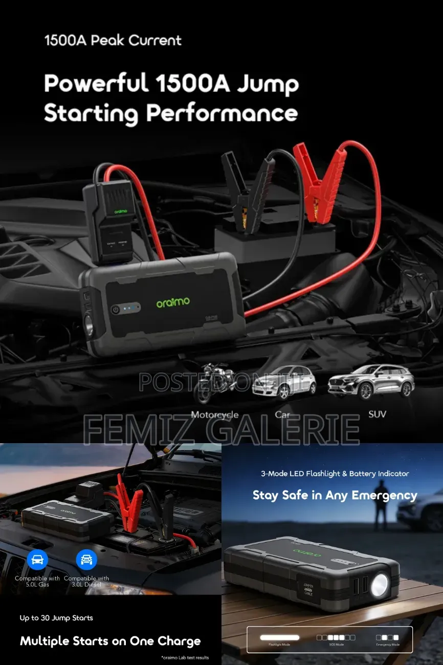 Oraimo Powerspark 1500a 12v Car Jump Starter With 10000mah Power Bank
