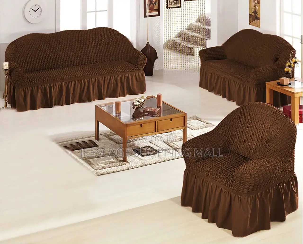 Waffle Stretch Ruffle Skirt Sofa Chair Slipcover Set in Colors