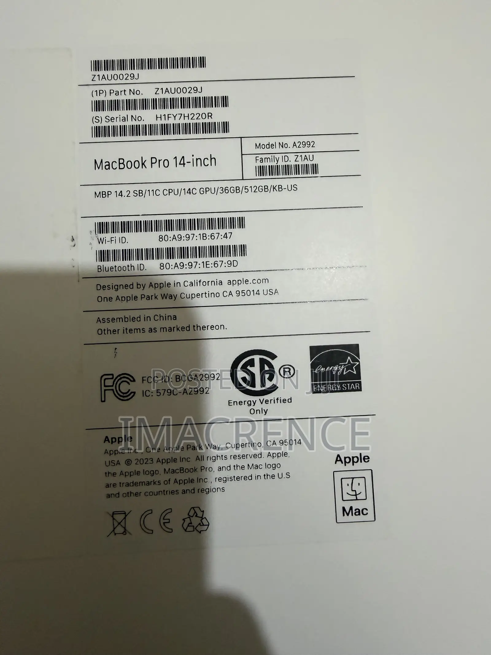 New Laptop Apple MacBook Pro 2023 M3 Pro 36GB Apple M3 Pro SSD 512GB