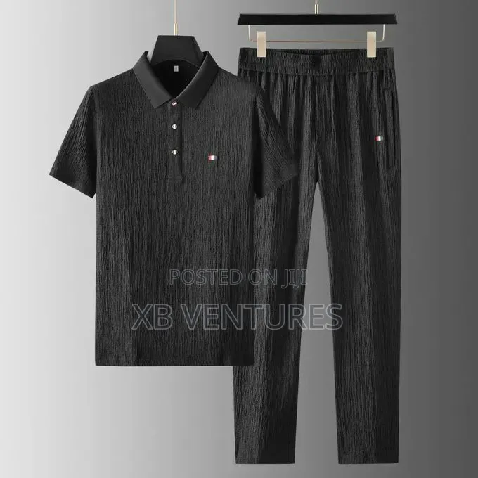 2pcs Mens Short Sleeve Polo T-Shirt + Long Pants Set - Black