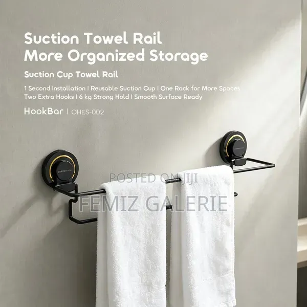 Oraimo Hookbar Reusable Suction Cup Towel Rail With Extra Hooks