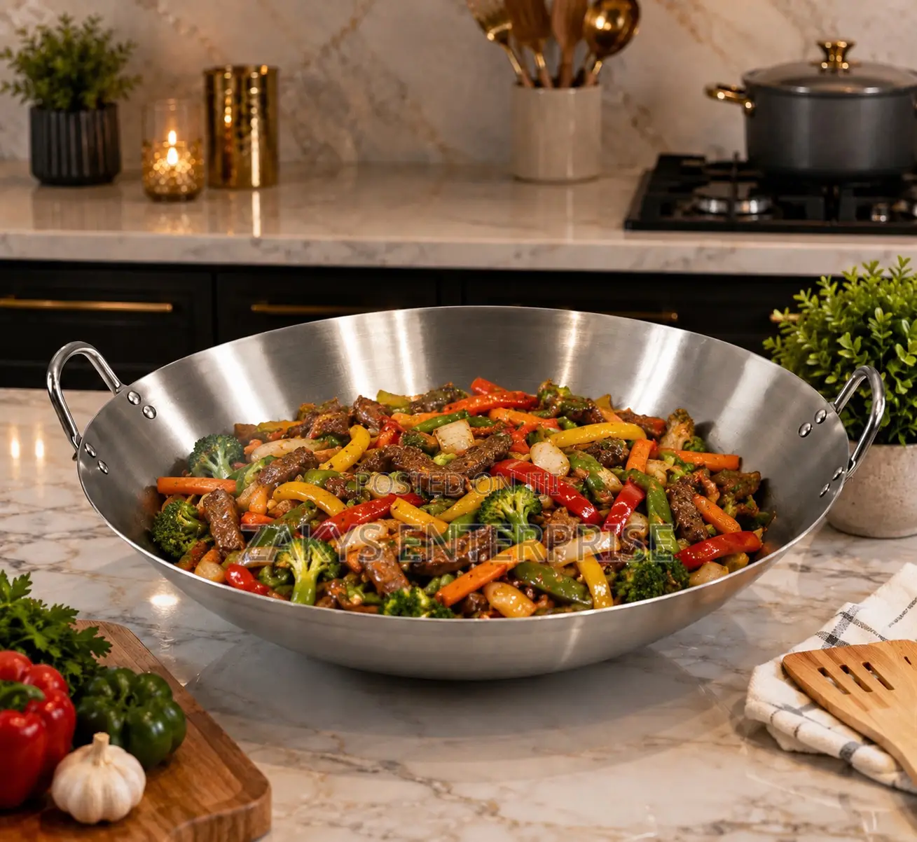 55cm Stainless Steel Wok Pan