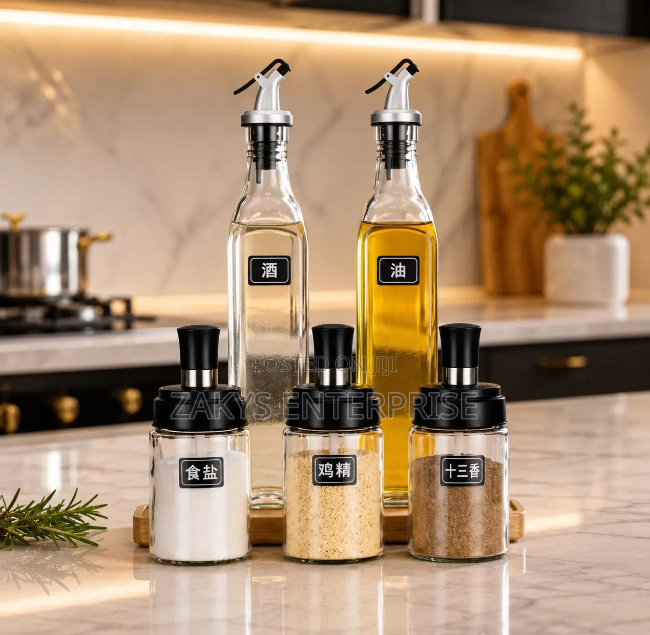 Oil Glass Dispenser Set With Spices Jars