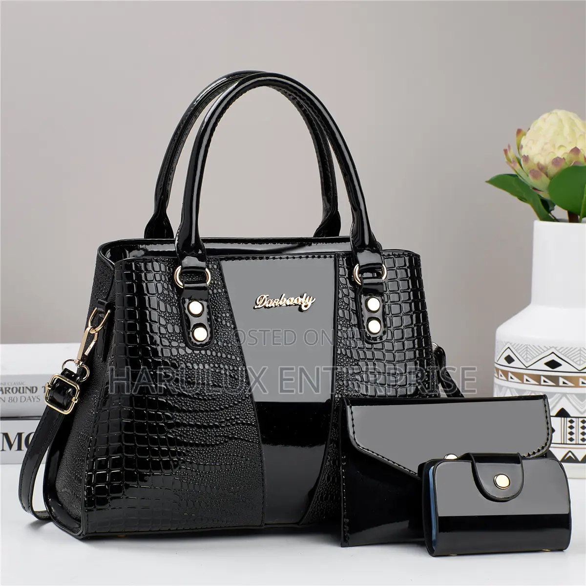 Elegant Black Crocodile-Pattern Handbag + Wallet