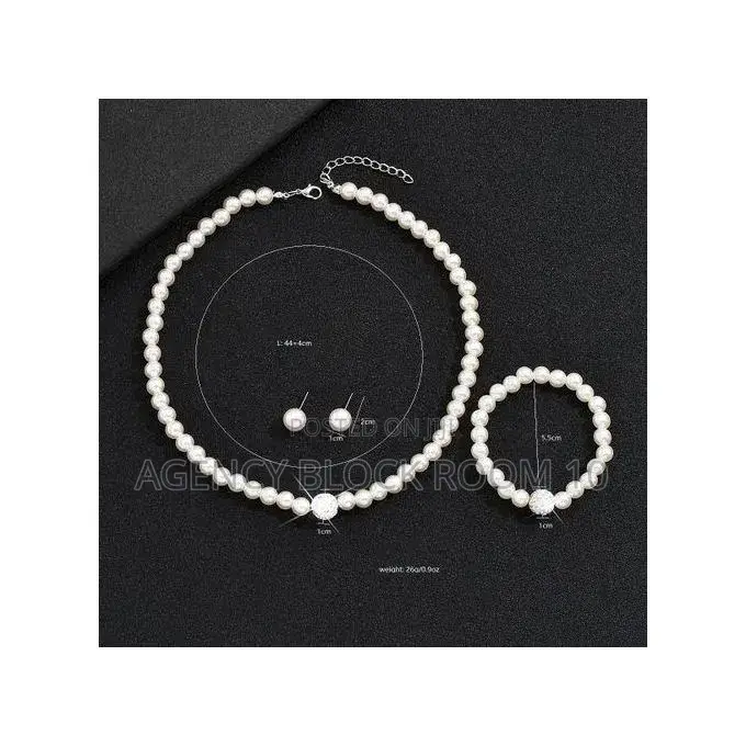 Ladies Artificial Pearl Necklace Bracelet Ear Stud Jewelry Set 3 in 1