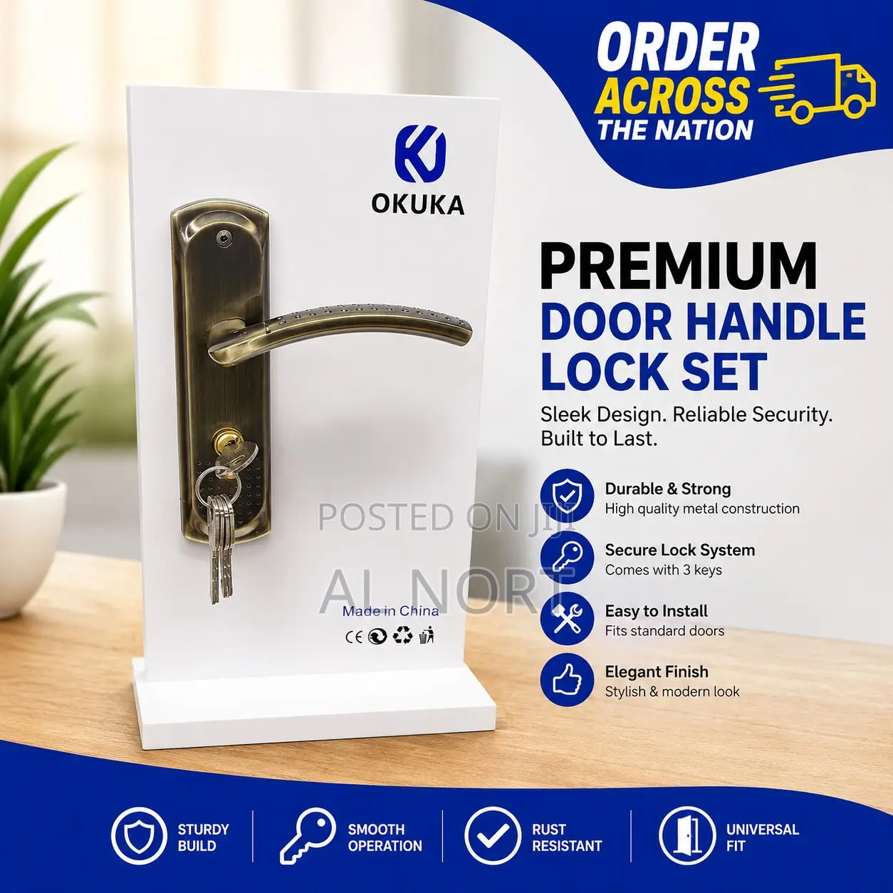 Okuka Keyed Door Handle Lock Set – Antique Brass