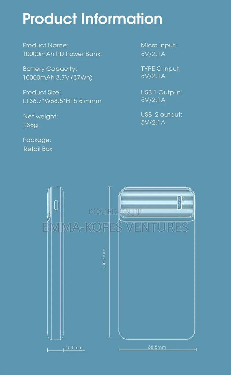 10000mah Power Charge Bank Compact LCD Black