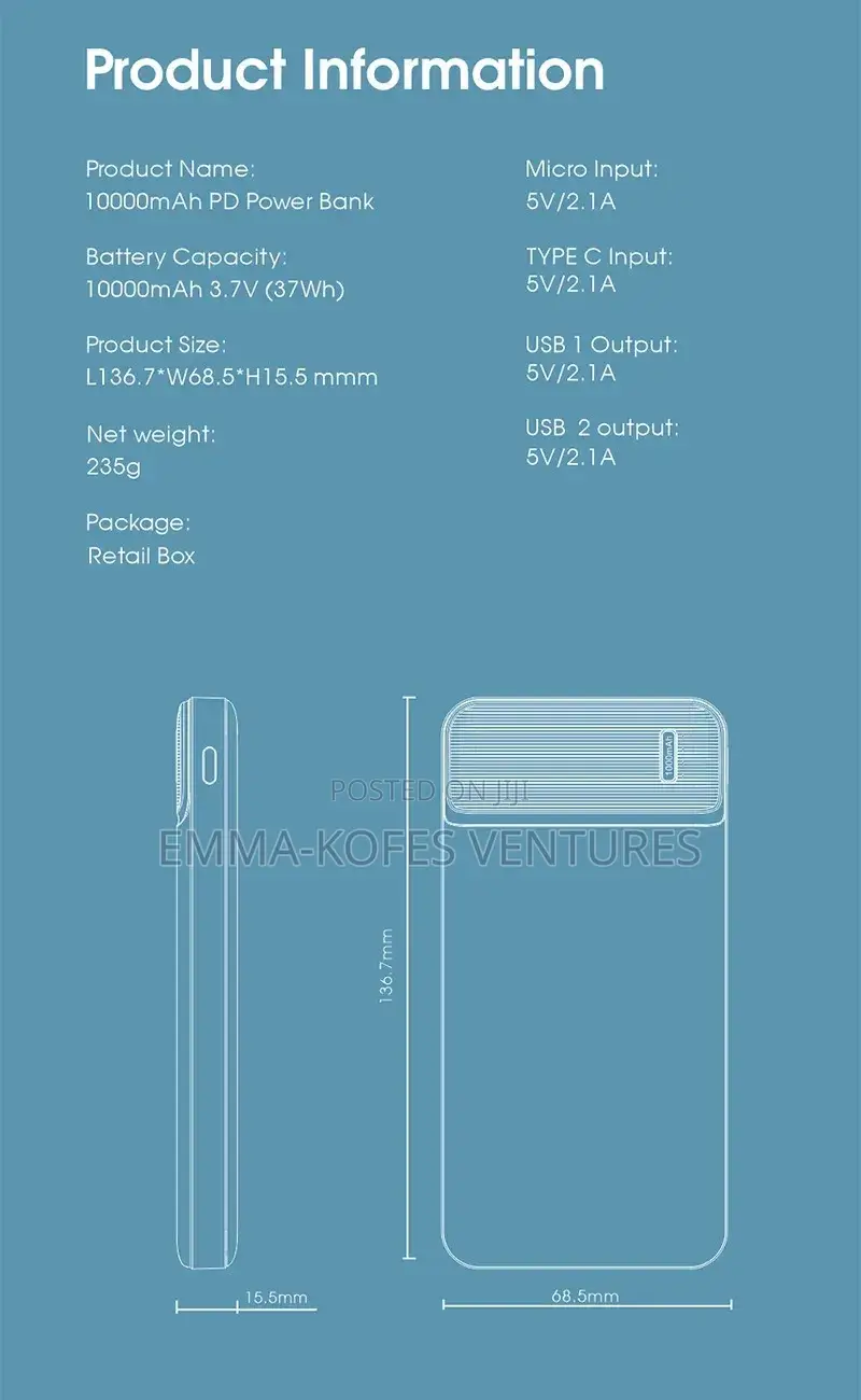 10000mah Power Charge Bank Compact LCD Black