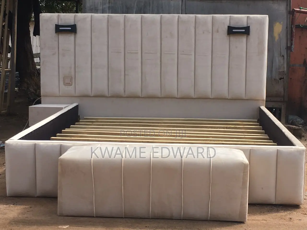 Cream Color Queen Size Bed Frame With One Side Drawer and Ottoman