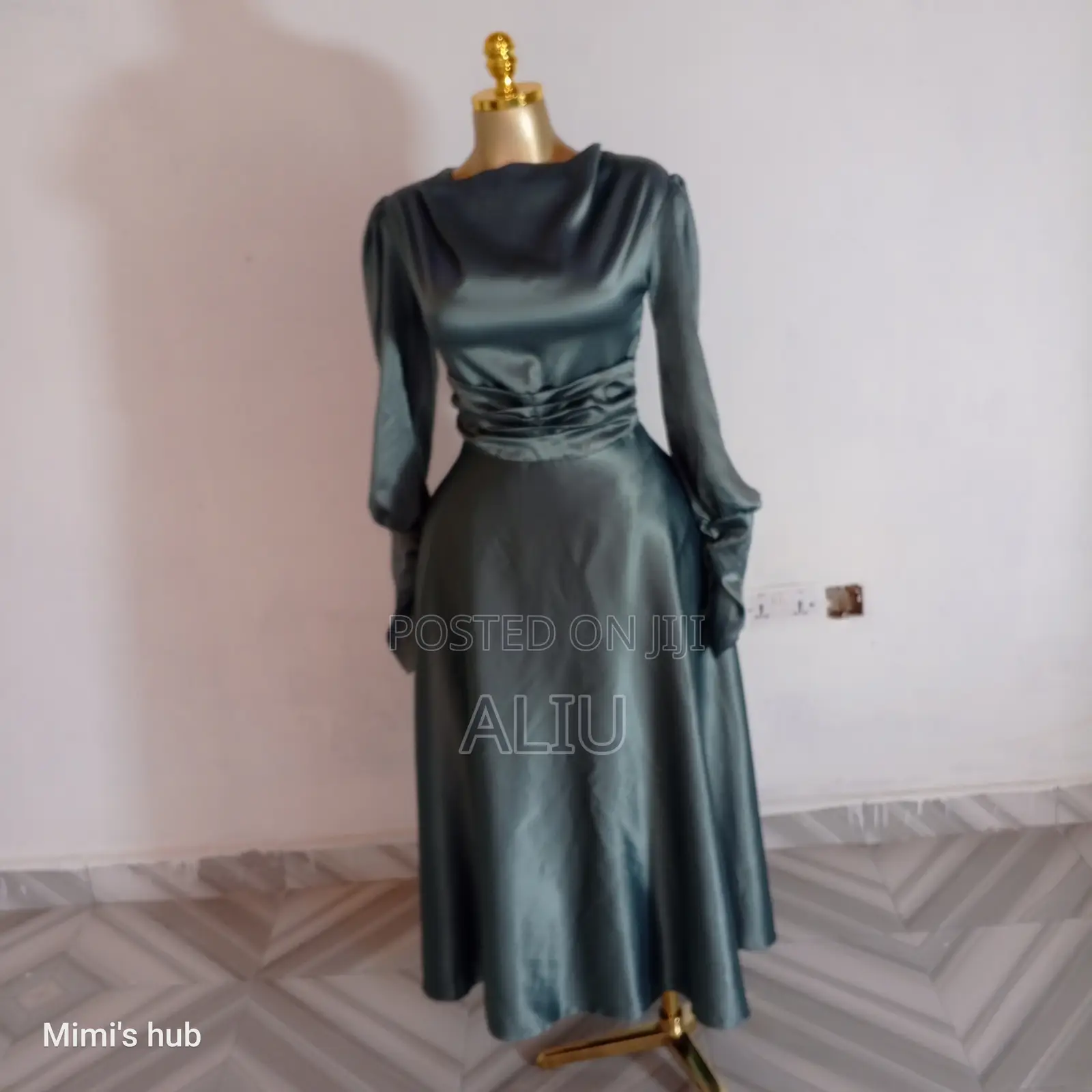 Sage Green Satin Cowl Neck Midi Dress