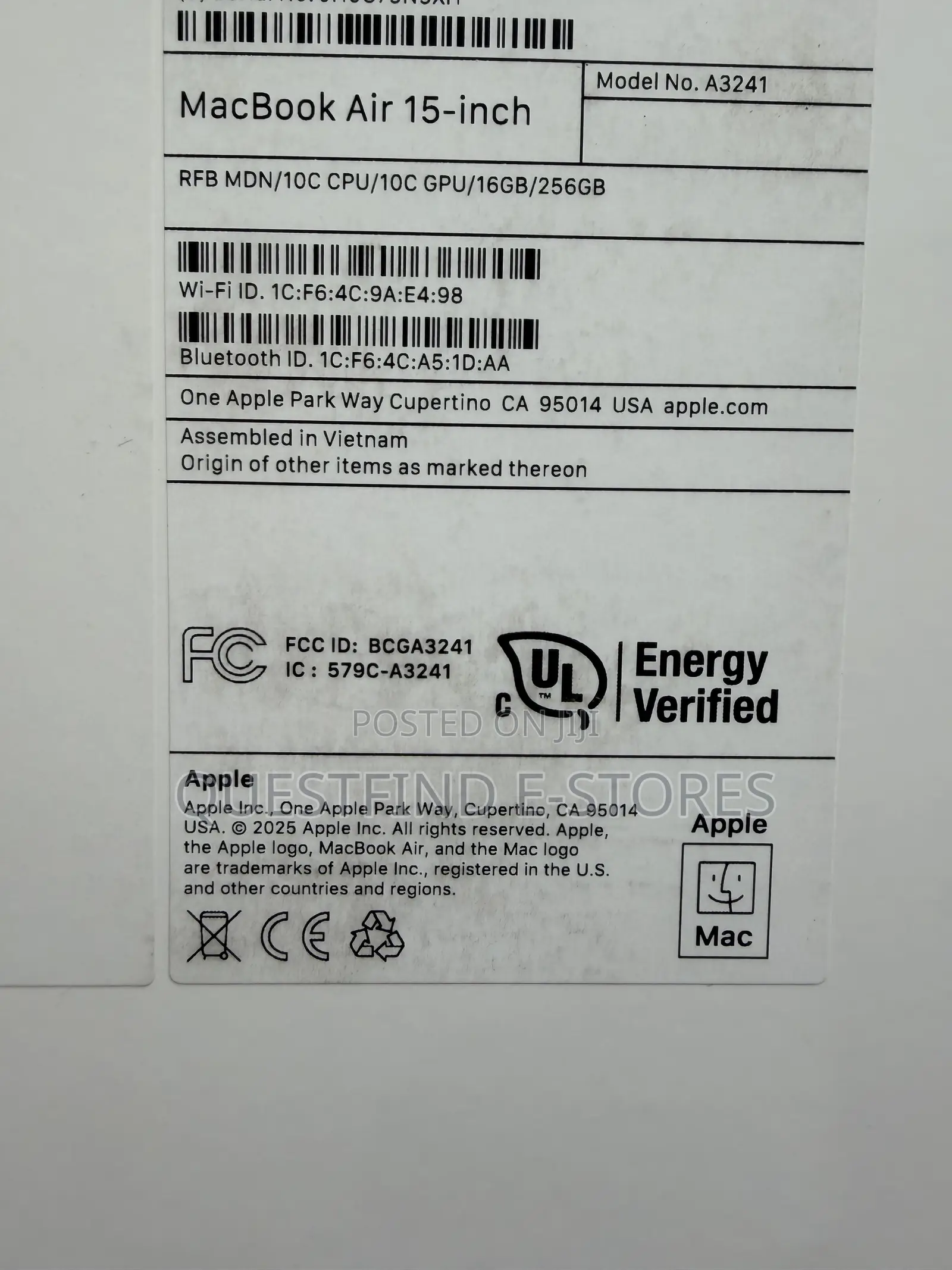 New Laptop Apple MacBook Air 2025 M4 16GB Apple M4 SSD 256GB