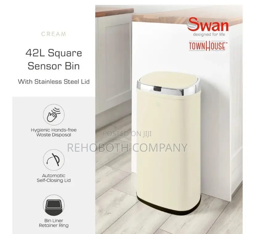 Swan Townhouse Square Sensor Bin, Large 42l Capacity, Cream