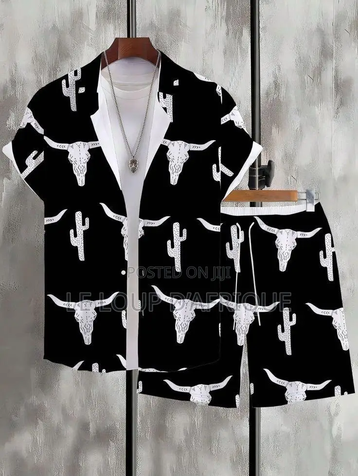 Vintage Printed Short-Sleeve Shirt and Drawstring Shorts