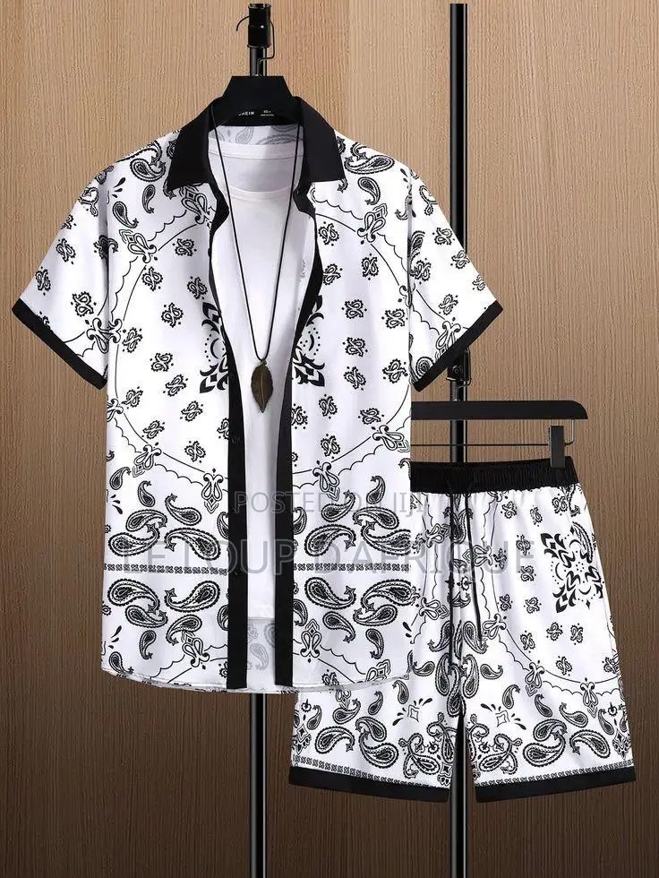 Vintage Printed Short-Sleeve Shirt and Drawstring Shorts