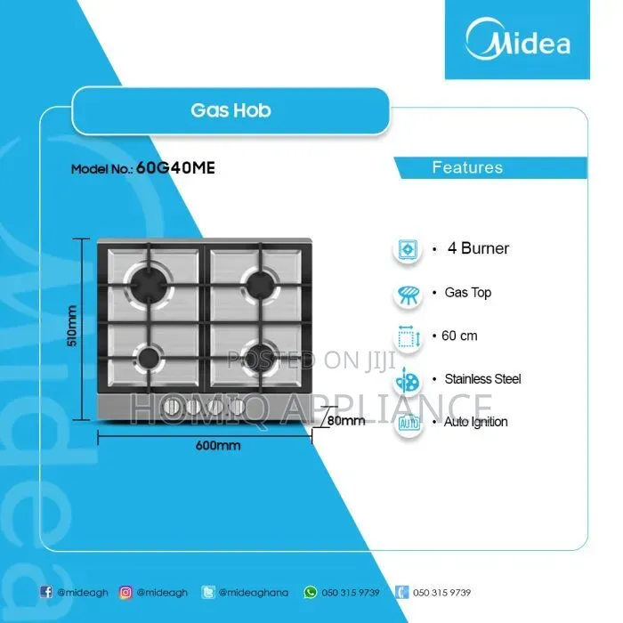Midea 60cm Gas Hob| Stainless Steel [60g40me]