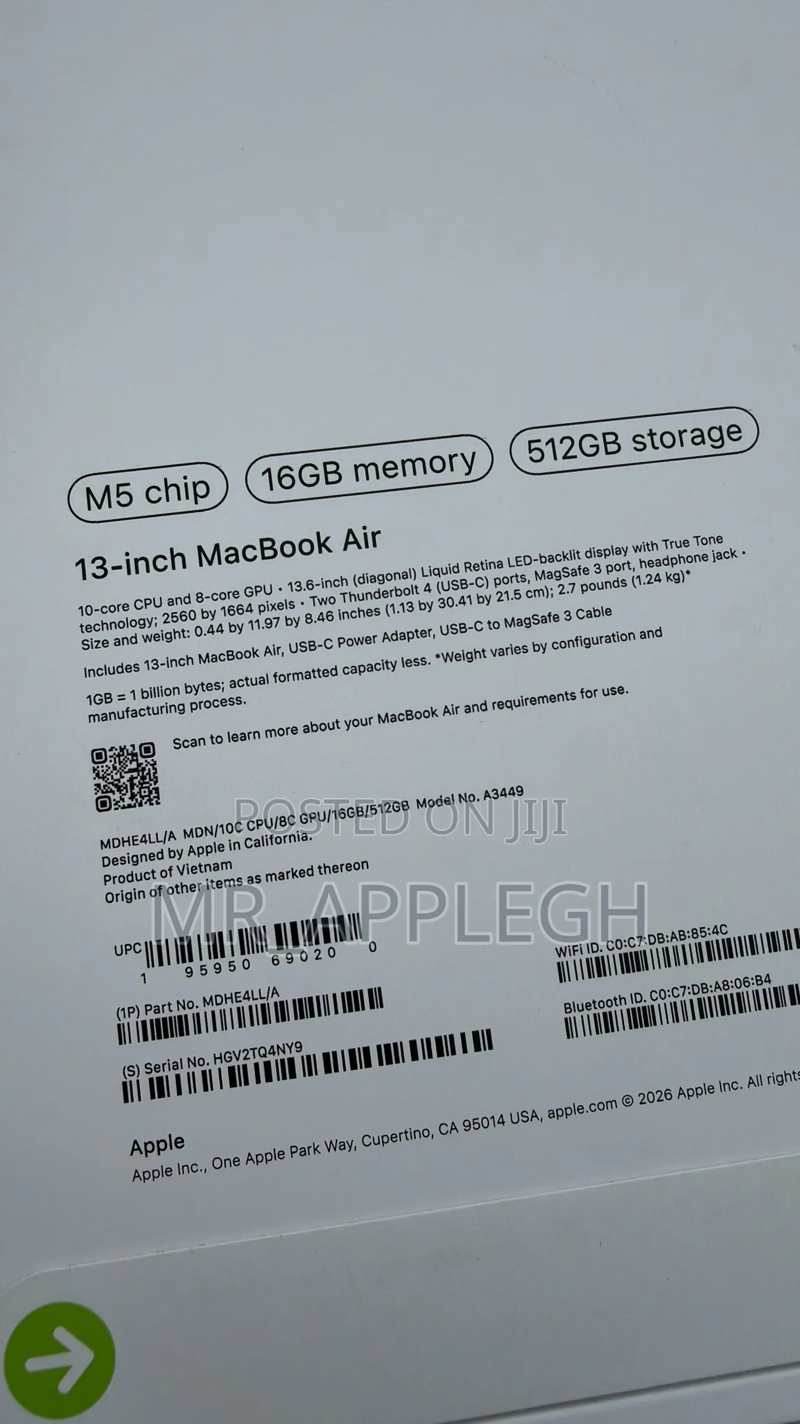 New Laptop Apple MacBook Air 2026 M5 16GB Apple M5 SSD 512GB