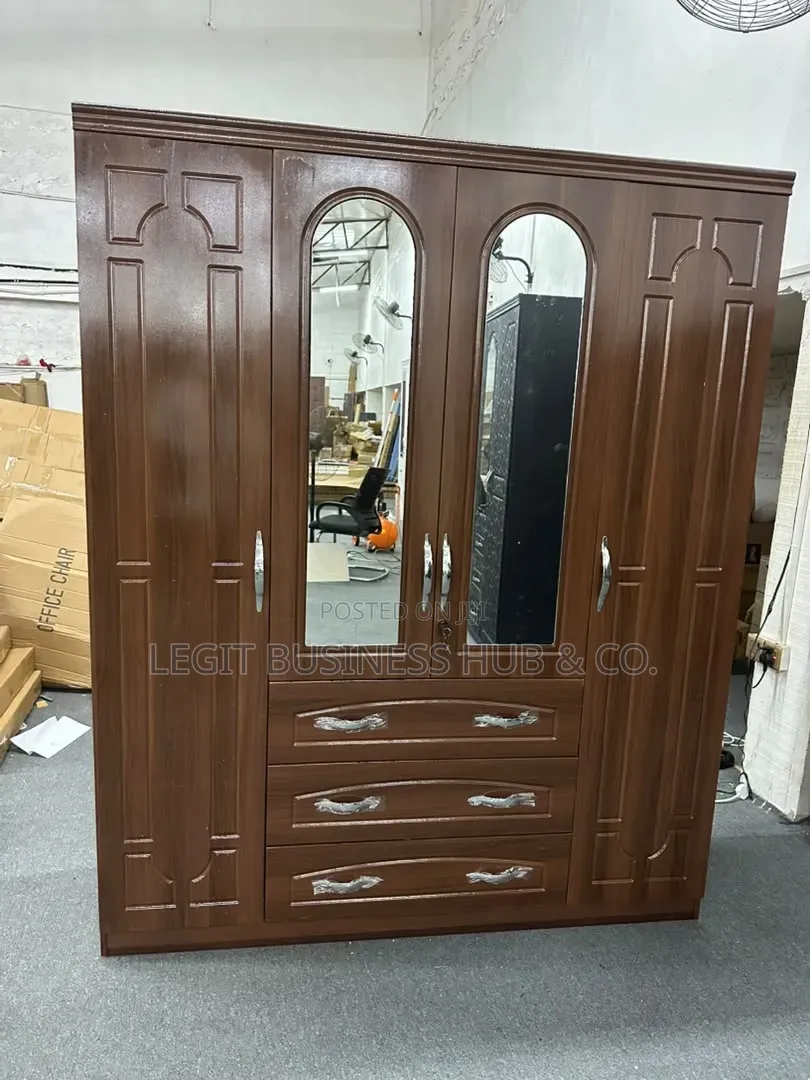 Brown Wooden 4 Doors Wardrobe With Mirror