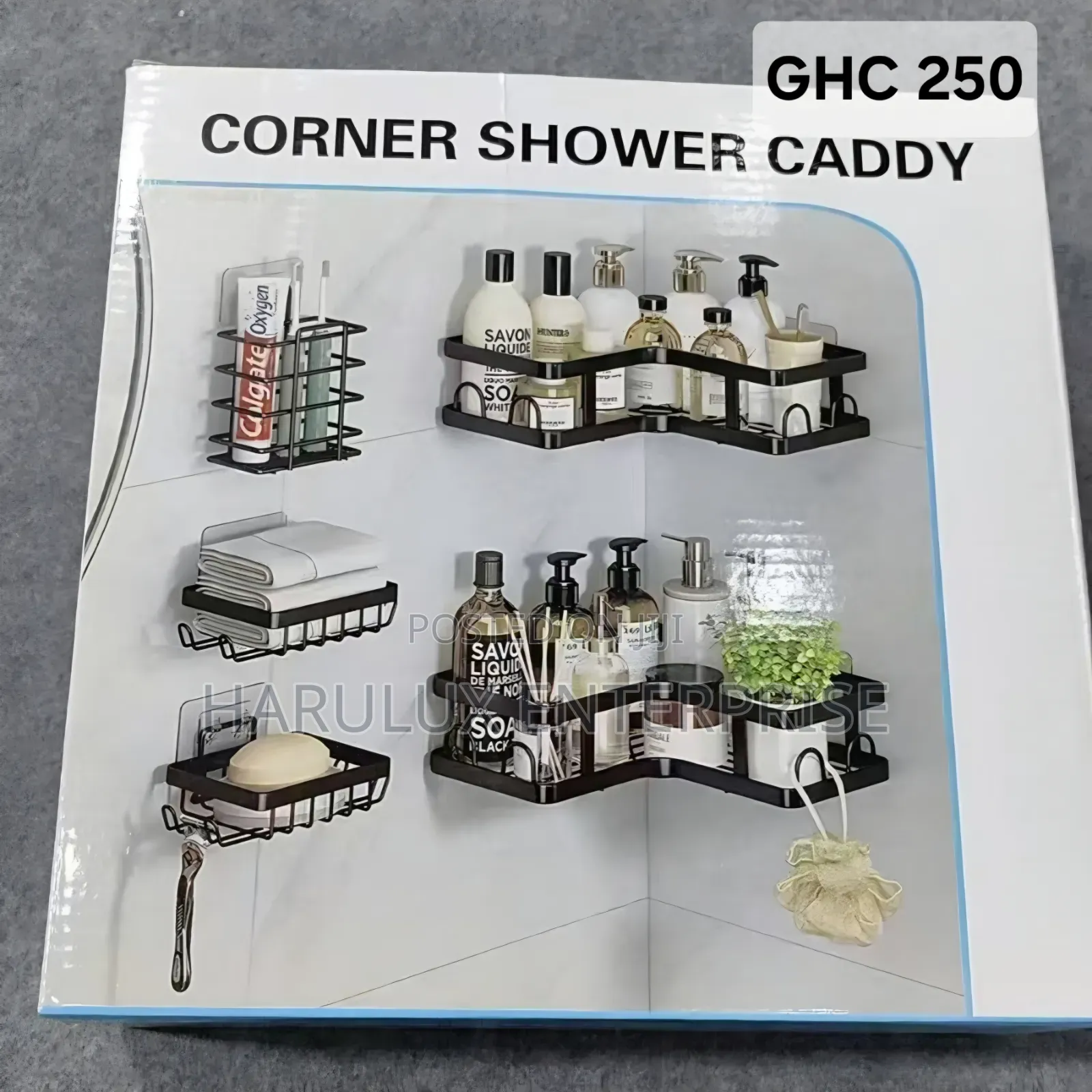 5-Piece Adhesive L-Shape Corner Shower Caddy Set - Black