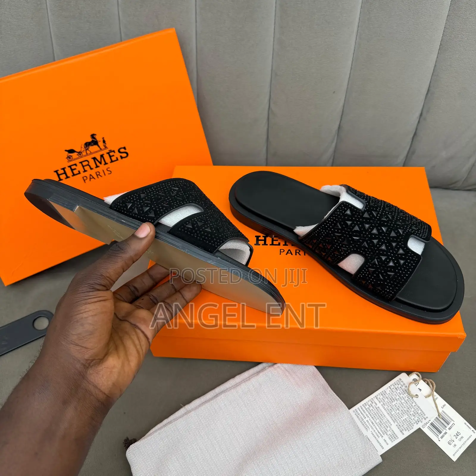 Hermes Izmir Sandals X Rhinestones in Black Leather(Location:Adum Ksi)