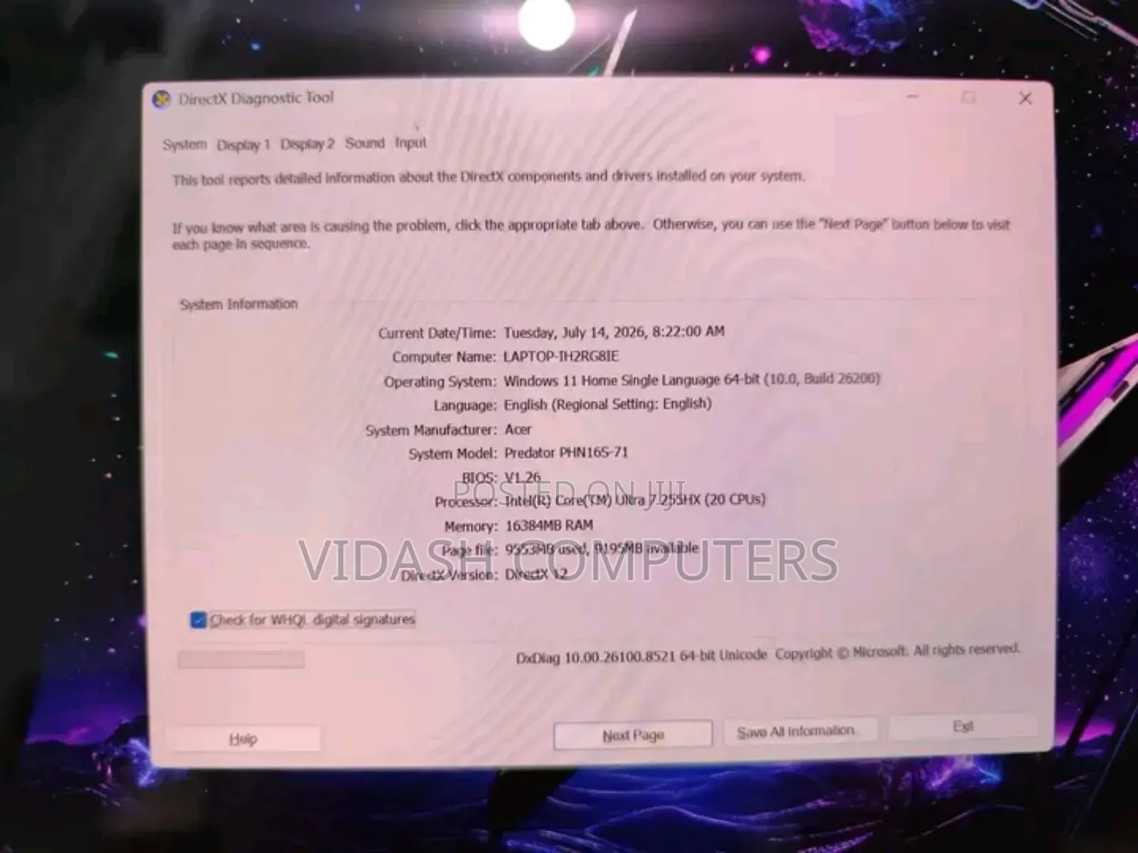 New Laptop Acer Predator Helios Neo 16 16GB Intel Core Ultra 7 SSD 1T
