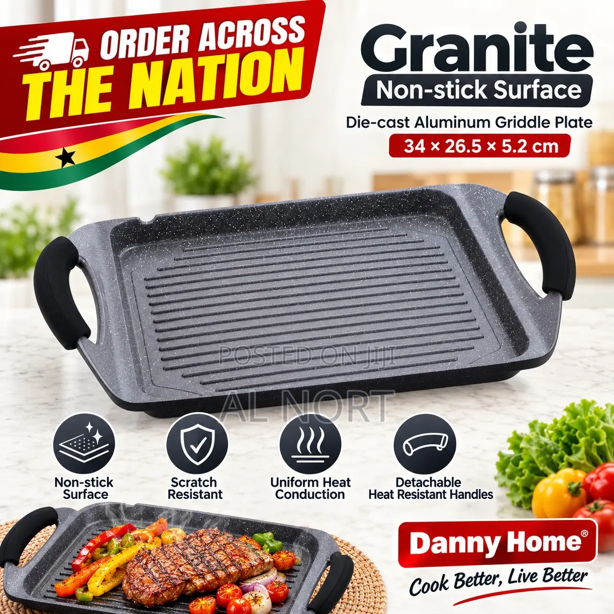 Granite Non-Stick Die-Cast Aluminium Griddle Plate – 34 × 26.5 × 5.2cm