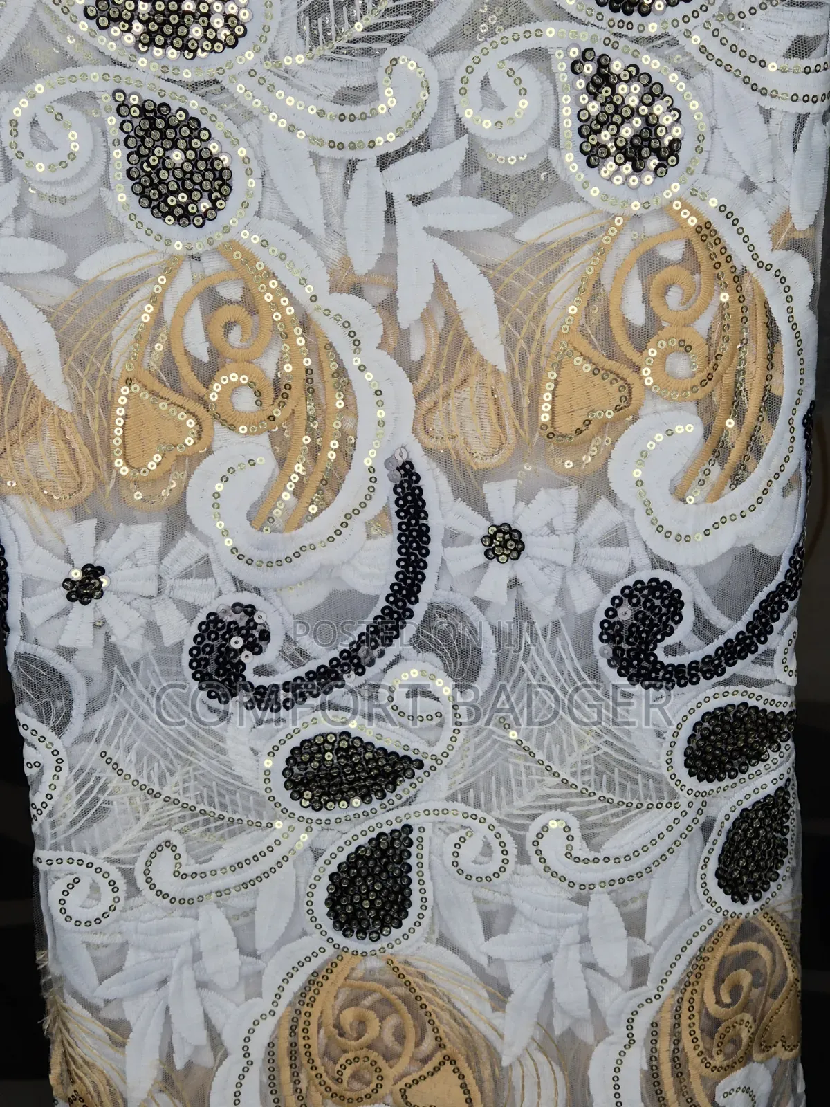 White Lace With Black and Gold Designs With Sequin