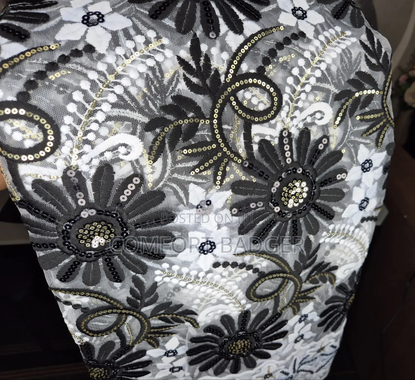 Beautiful Mesh Lace With Black Embroidery and Gold Sequins
