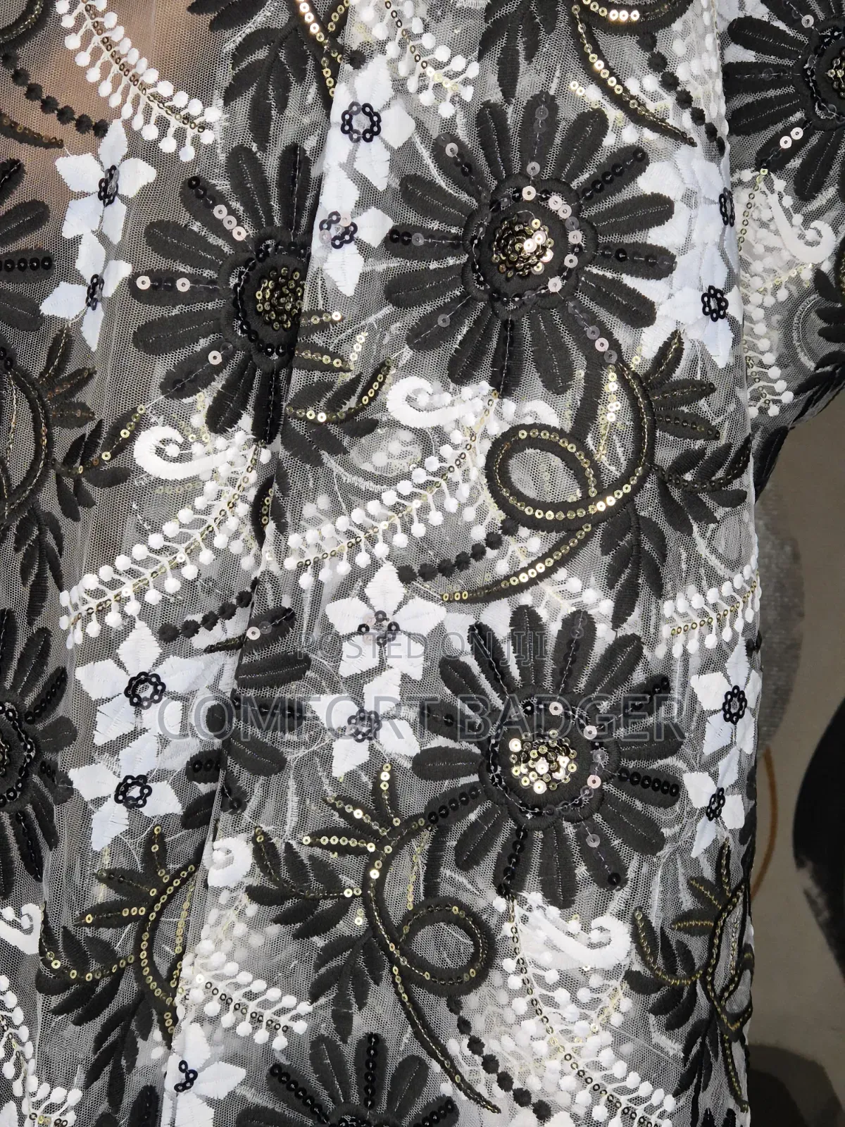 Beautiful Mesh Lace With Black Embroidery and Gold Sequins
