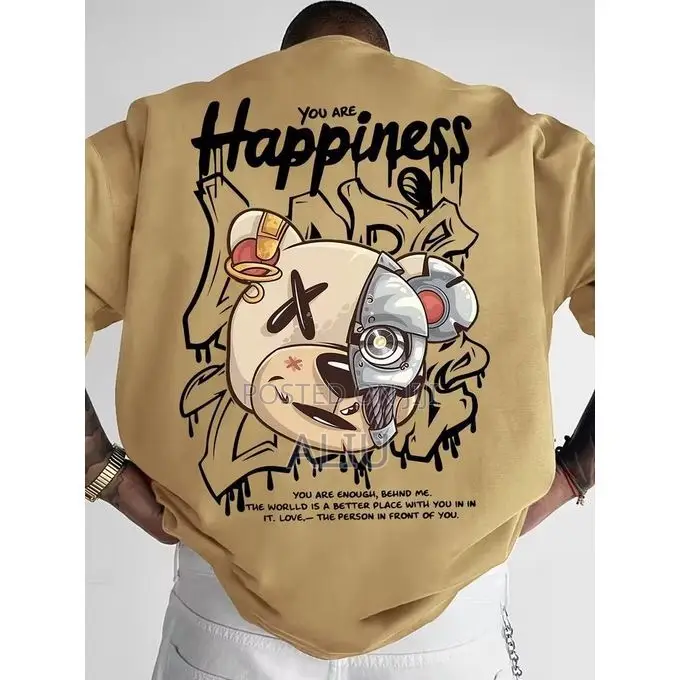 Men’s Oversized Graphic T-Shirt – Bear Print Streetwear (Beige)