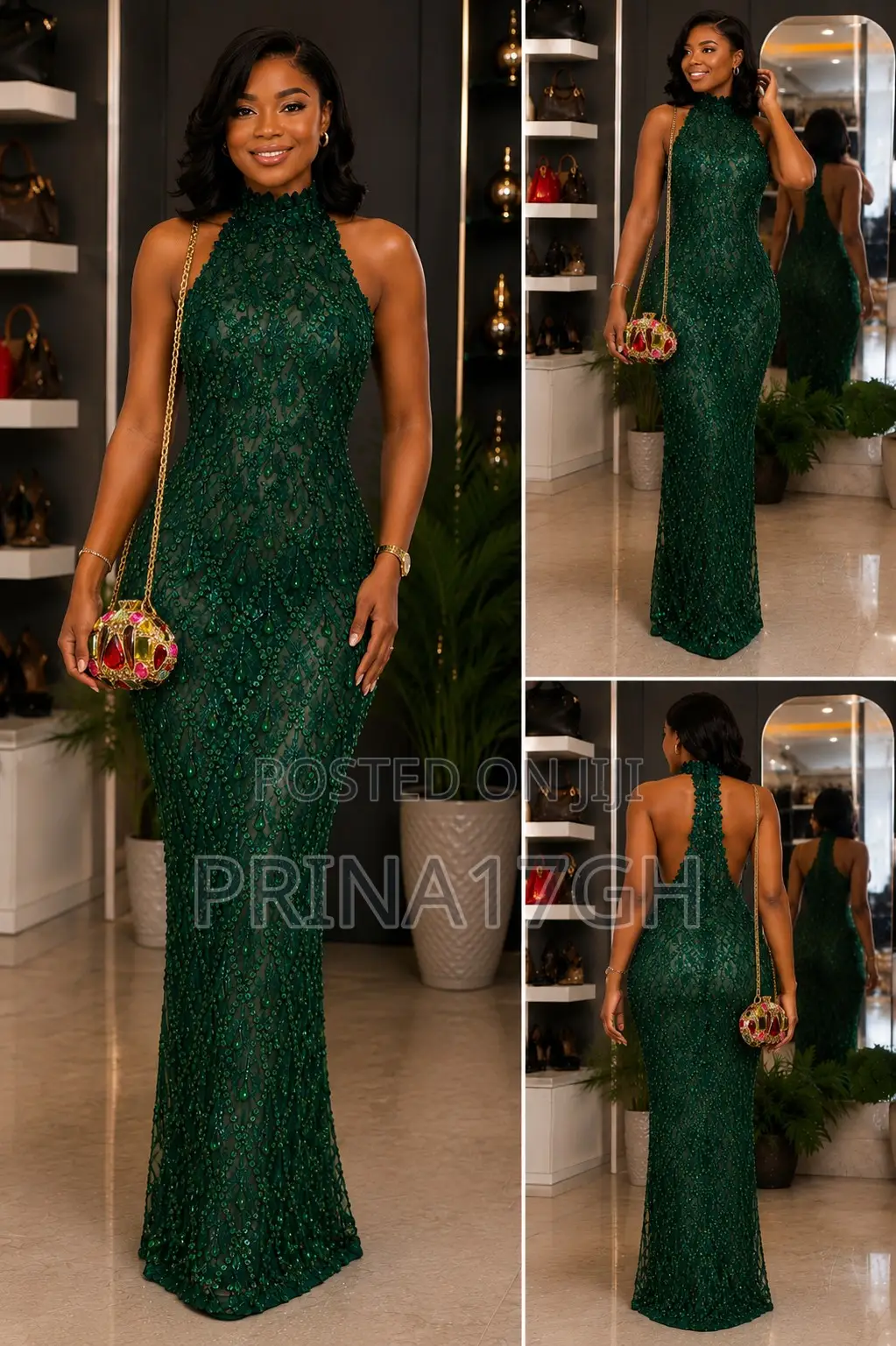 Elegant Beaded Emerald Dinner Dress